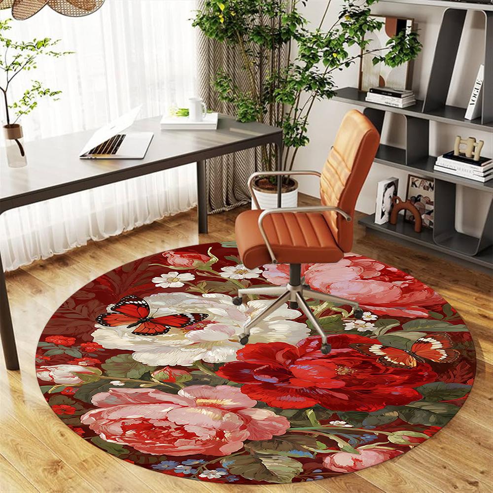 1pc Floral Butterfly Round Chair mat office Area Rug - Non-Slip, Floor Mat for Office, Bedroom, and Indoor Decor p127019