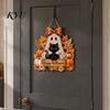 Festive Window Hanging Halloween Wooden Sign, Happy Door Sign with Gnomes/Ghosts, Retro Decorative Wood Board Autumn Harvest Festival Wall Decoration