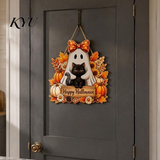 Festive Window Hanging Halloween Wooden Sign, Happy Door Sign with Gnomes/Ghosts, Retro Decorative Wood Board Autumn Harvest Festival Wall Decoration
