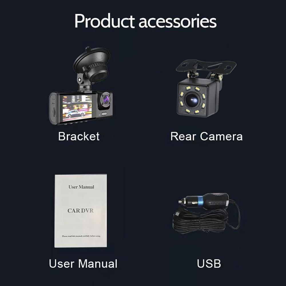 Bil DVR 3-kameraer Full HD 1080P Dual Lens Bil DVR-kamera 2,0 tommers IPS-skjerm Front Bakre opptaker Kamera