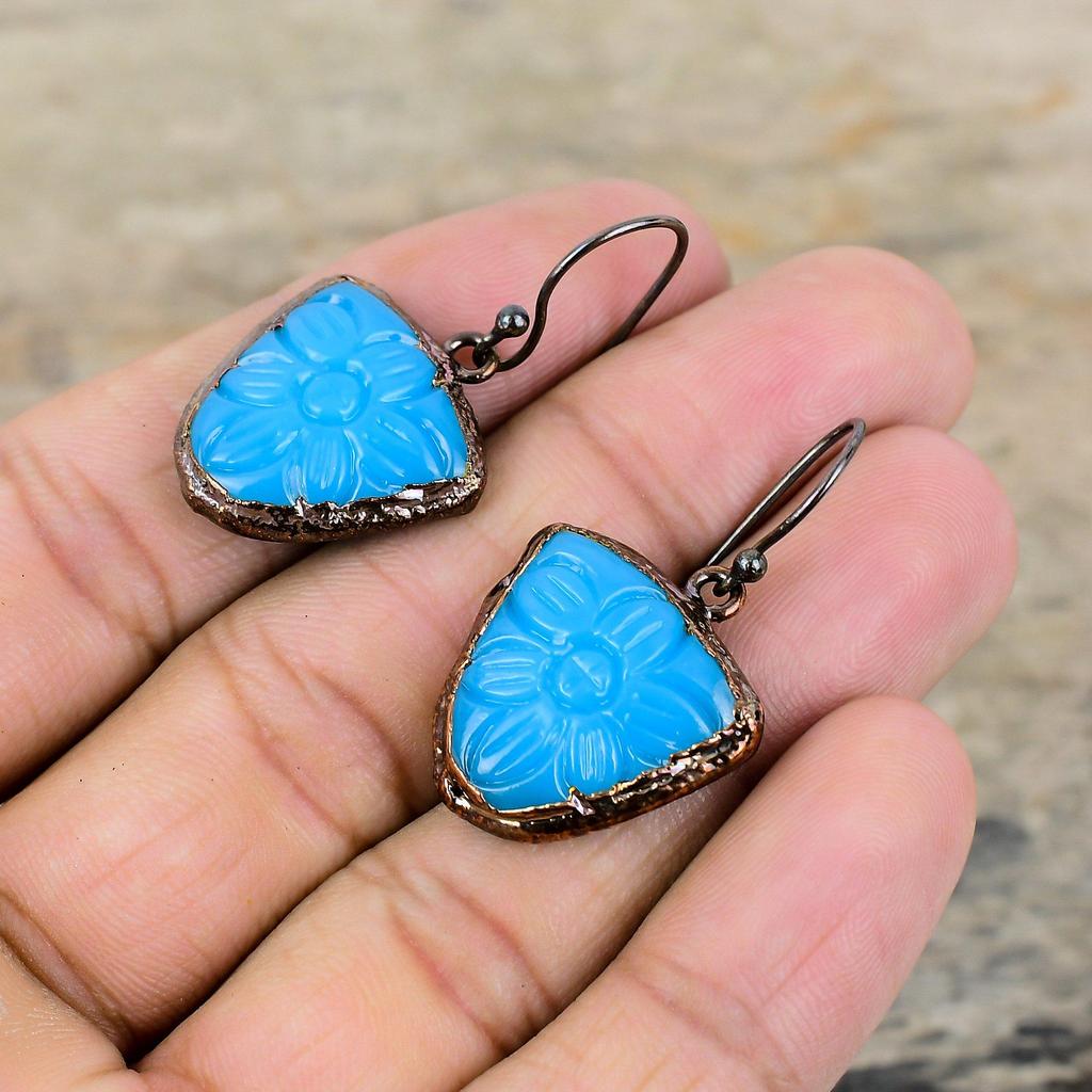 Carved Blue Onyx Earring Electroformed Copper Earrings Gemstone Copper Jewelry Handmade Decent Earring Electroformed Jewelry Engagement Gift