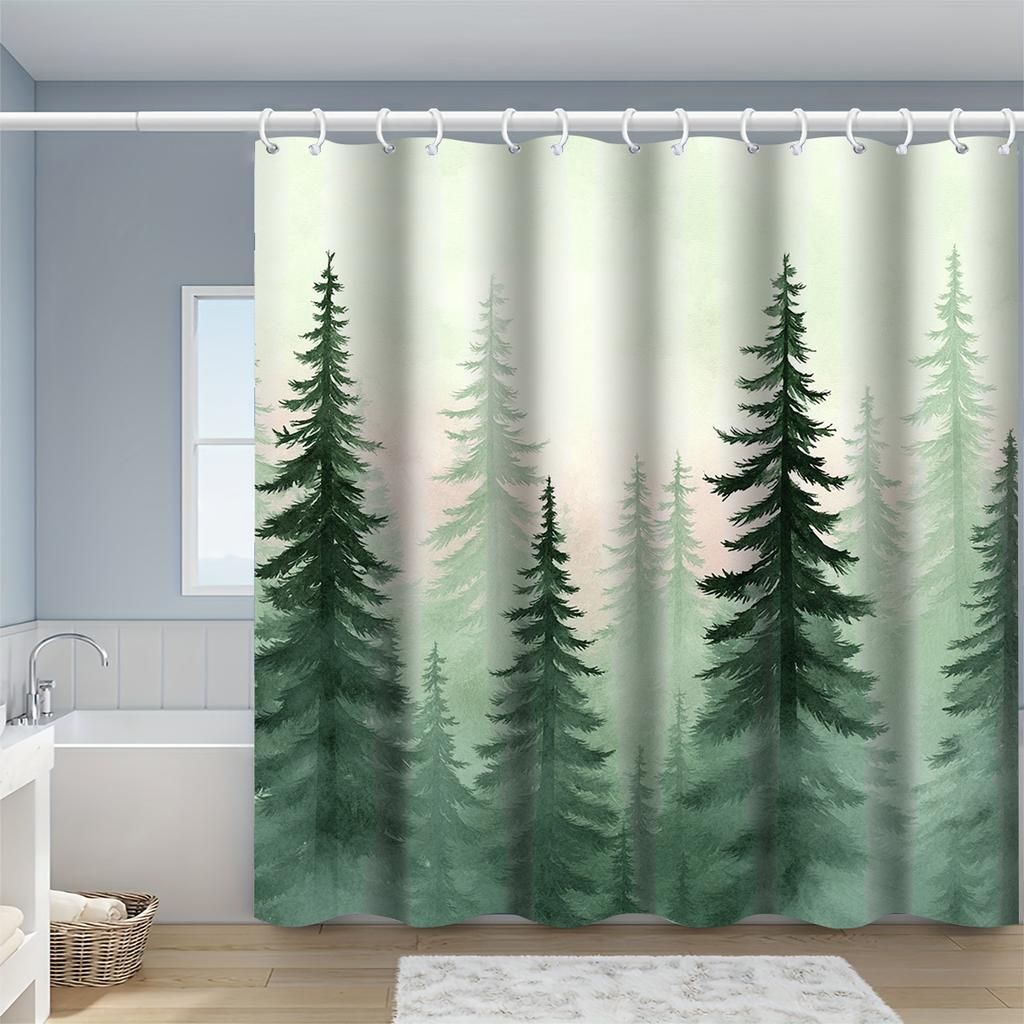 Watercolor Misty Pine Forest Illustration Shower Curtain 1Pc With 12 Hooks For Bathroom Home Decor Polyester 70.8X70.8 Inch