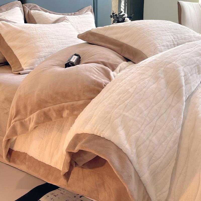 Light Luxury Simple Rabbit Fleece Four-Piece Set Solid Color Thickened Milk Fleece Bedding Mattress Quilt Cover