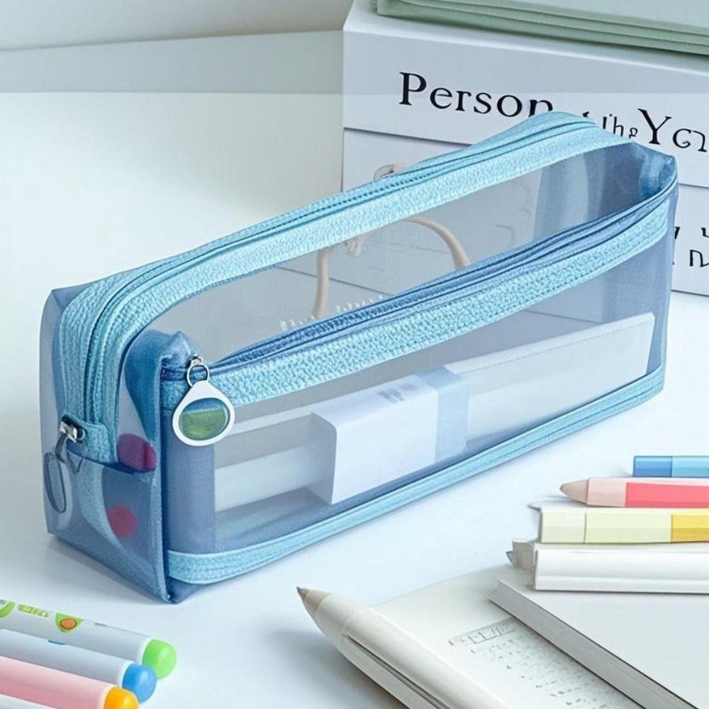 Transparent Pen Bag Mesh Stationery Organizer Portable Pencil Case School Office