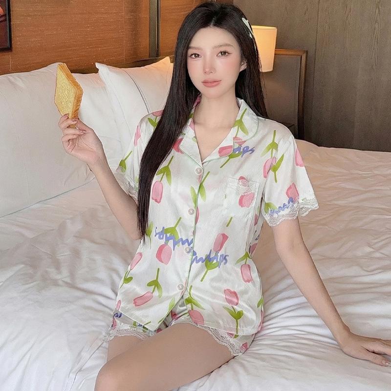 Ice Silk Summer Pajamas Girl Tulip Short-Sleeved Shorts Pure Lust Lace Loungewear Can Be Worn Outside