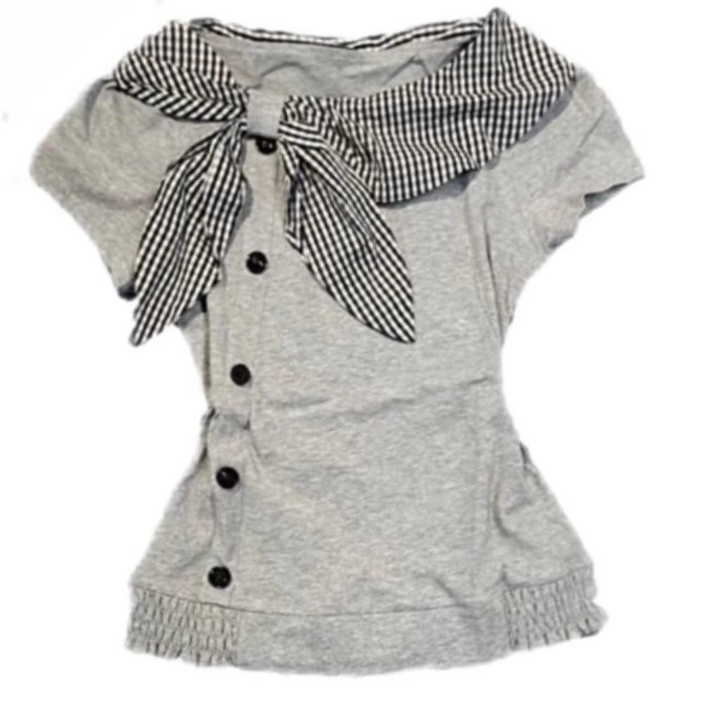 Plaid Pattern Irregular T Shirts Navy Collar Y2K Style T Shirts Sailor Collar Tops  For Women
