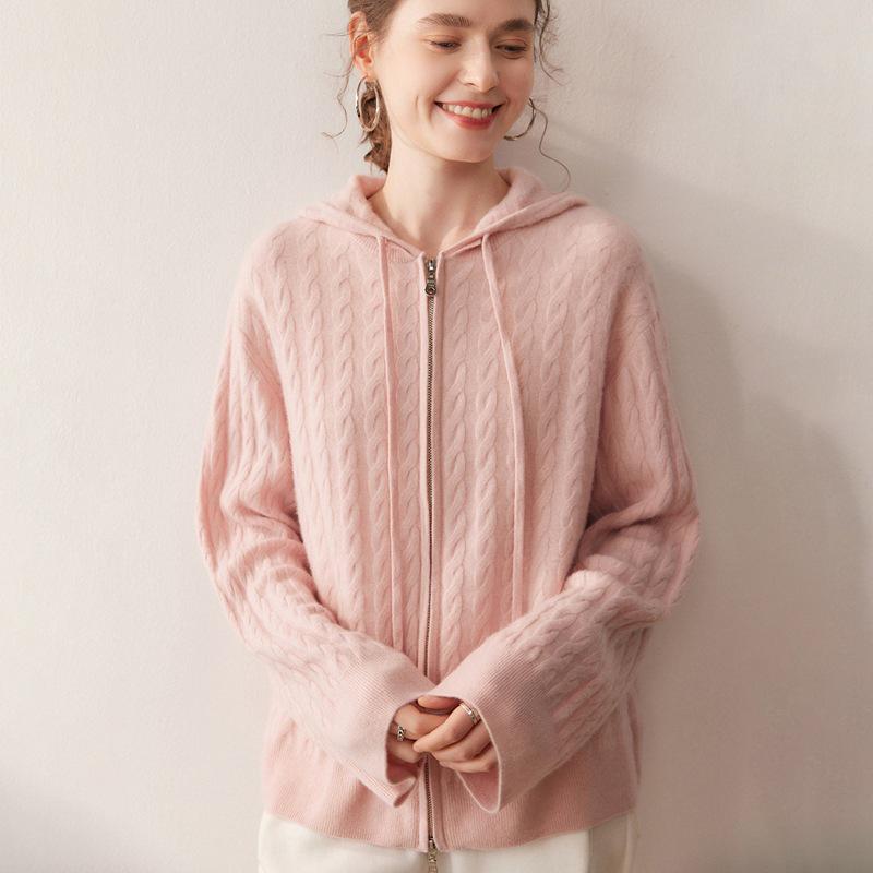 Women's Thickened Hooded Cashmere Cardigan - Autumn/Winter Fashion, Loose Cable Knit, Long Sleeve Base Layer
