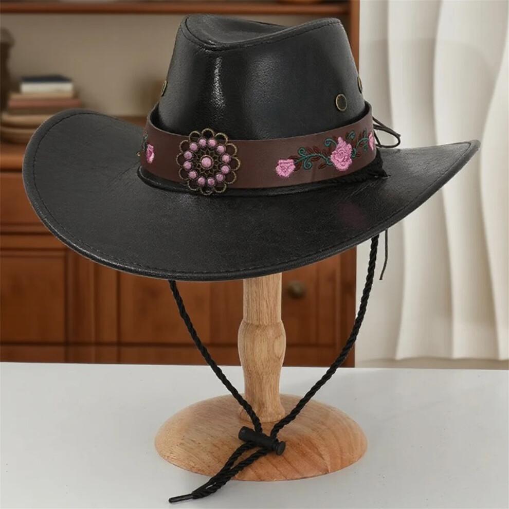 (One Size, Brown) PU Cowgirl Hat Western Style Sun Hat Stylish Retro Decorative Belt Wide Brim Jazz Cap