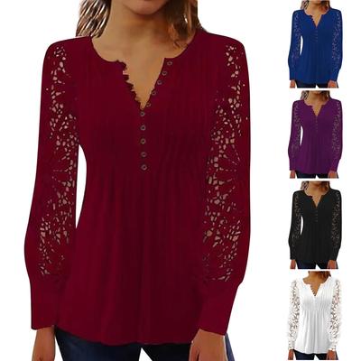 Women's Casual Solid Color Long-sleeved Lace Sleeve Pleated Button T-shirt