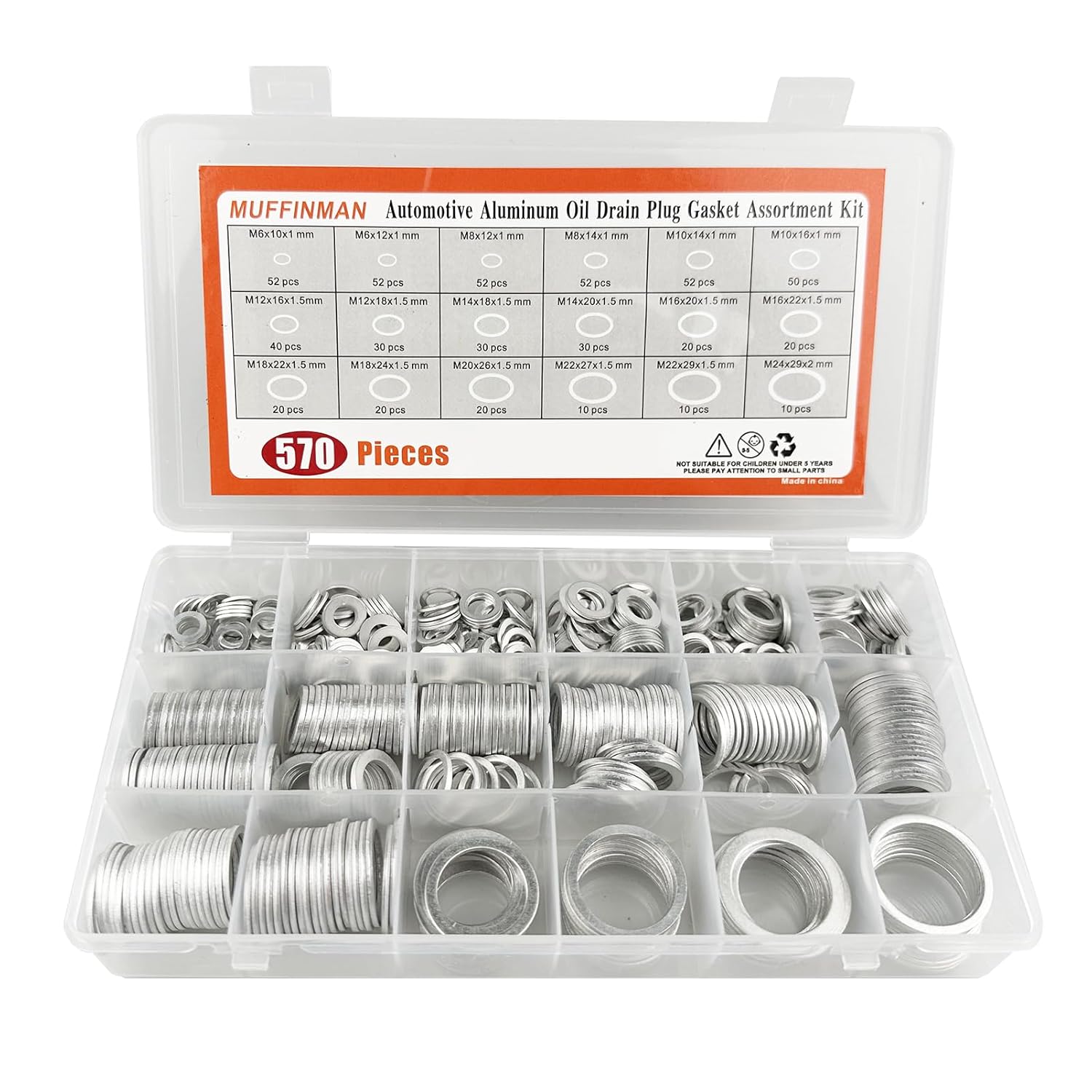 

570 Pieces 18 Sizes Oil Drain Plug Gaskets Assortment Kit,Oil Crush Washers, Aluminum Flat Washers Assortment Kit,M6 M8 M10 M12 M14 M16 M18 M20 M22 570