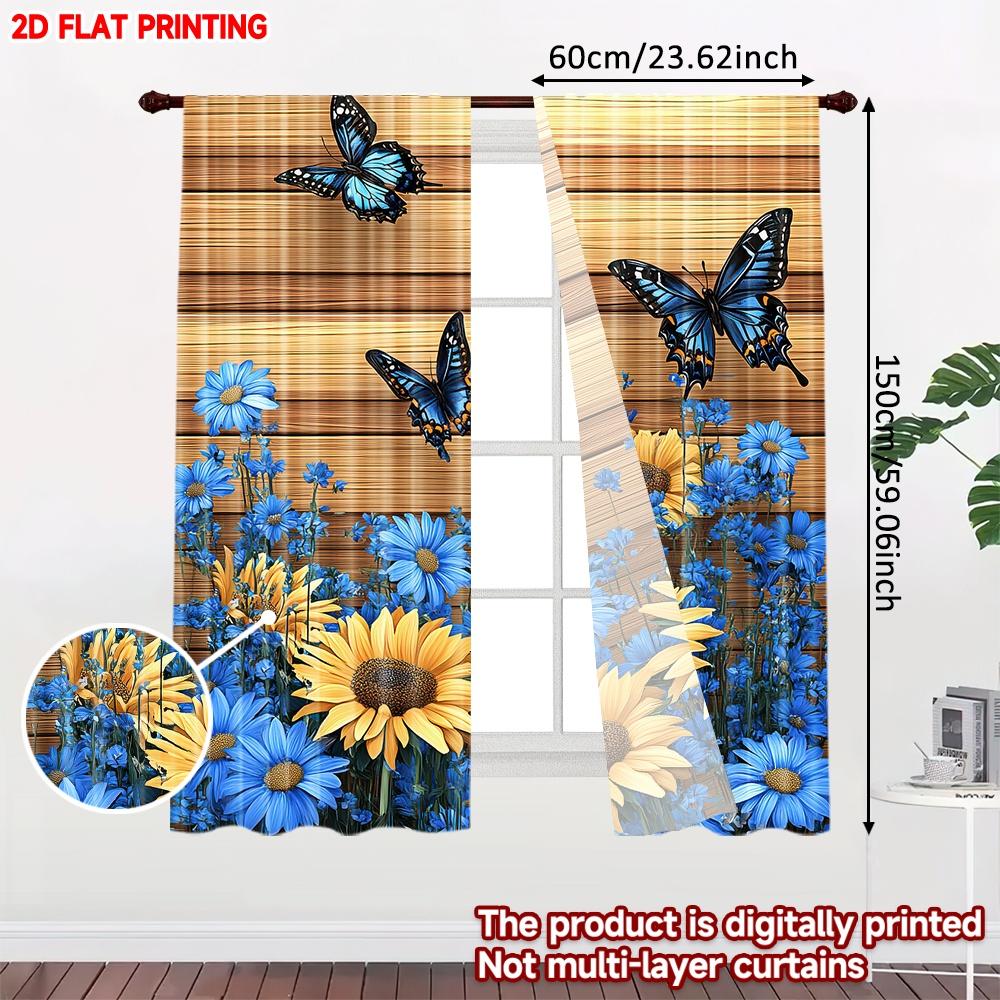 Set Of 2 Modern Butterfly Sunflower Curtains Flat Digital Printing Blue Yellow Floral Pattern Window Drapes Living Room Bedroom Curtain Polyester