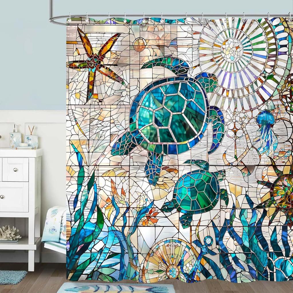 Stained Glass Turtle Shower Curtain Sea Life Art Ocean Pattern Starfish Jellyfish Mosaic Design Bath Decor Waterproof Fabric