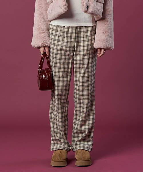 KOLEAT Thick Brushed Check Wide Slacks Elastic Waist Pants [Beige] Autumn/Winter Ver.