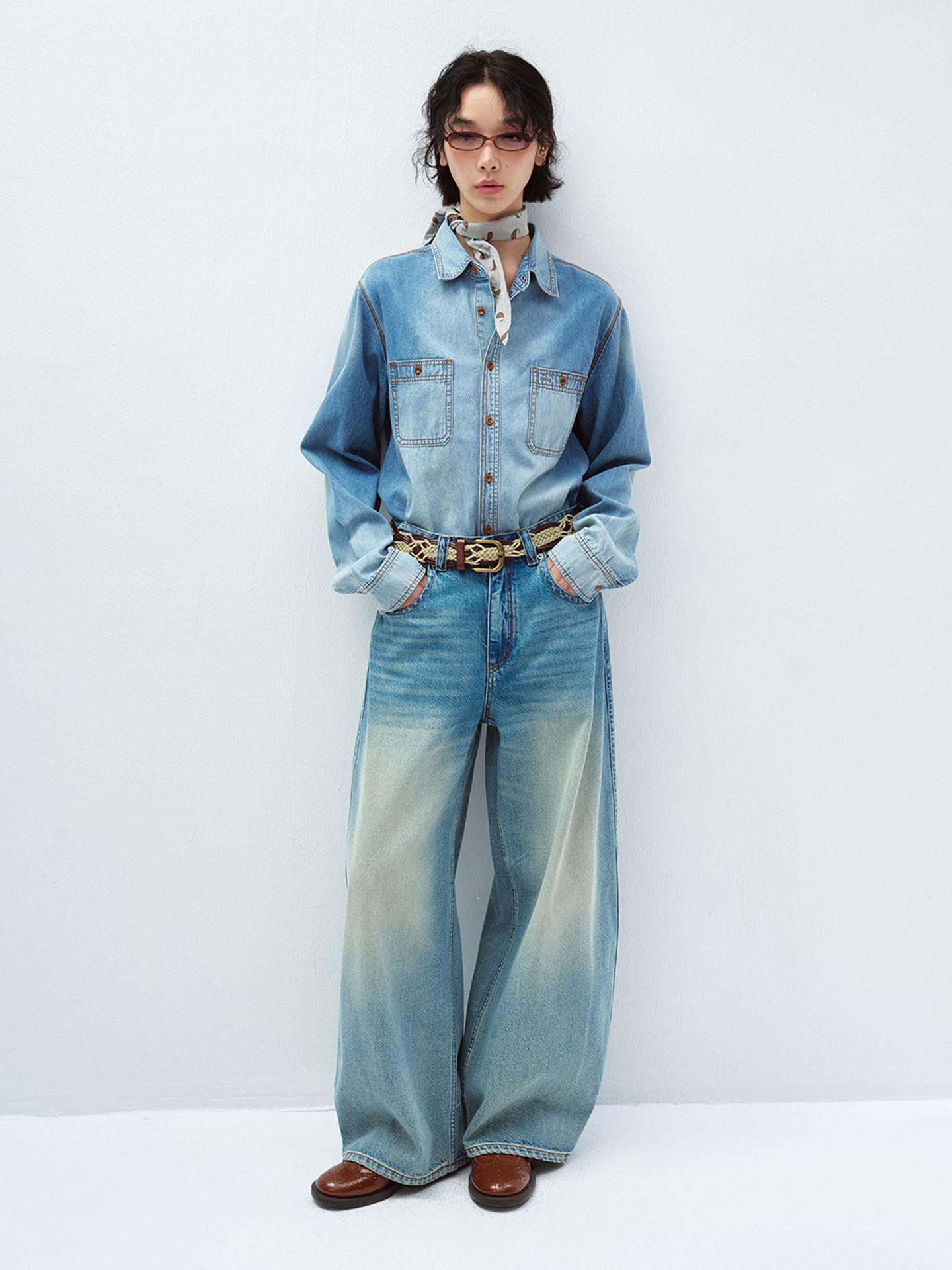 Shí Shí Black Label Ретро выцветшая джинсовая рубашка – с длинным рукавом, потертая, на пуговицах (V60040). One Size