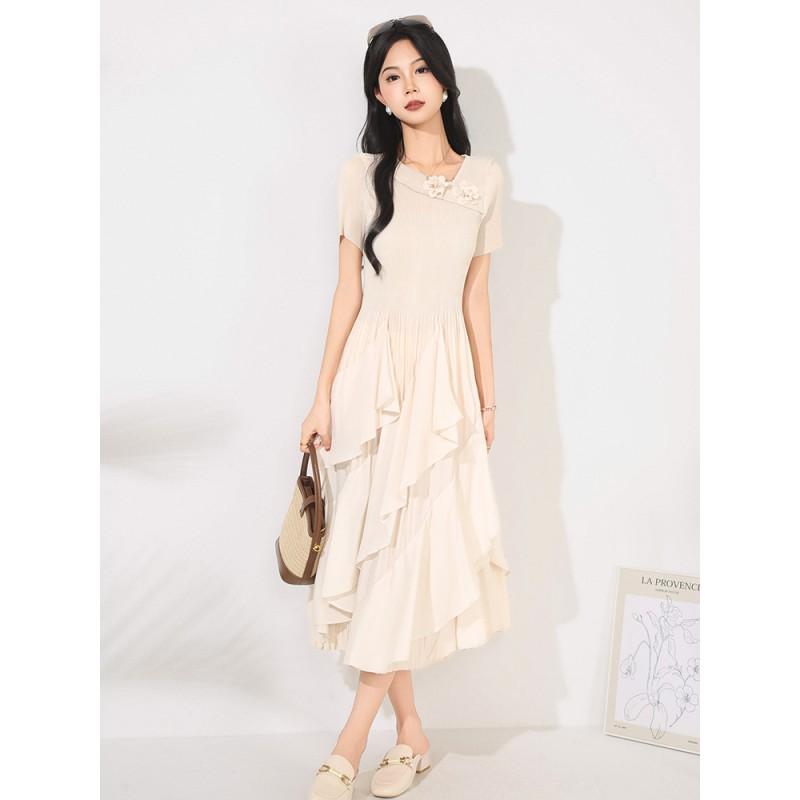 Elegant Pleated Ruffle Dress Women Slim Fit Solid Color Short Sleeve Midi Cake Skirt Office Chic 2025