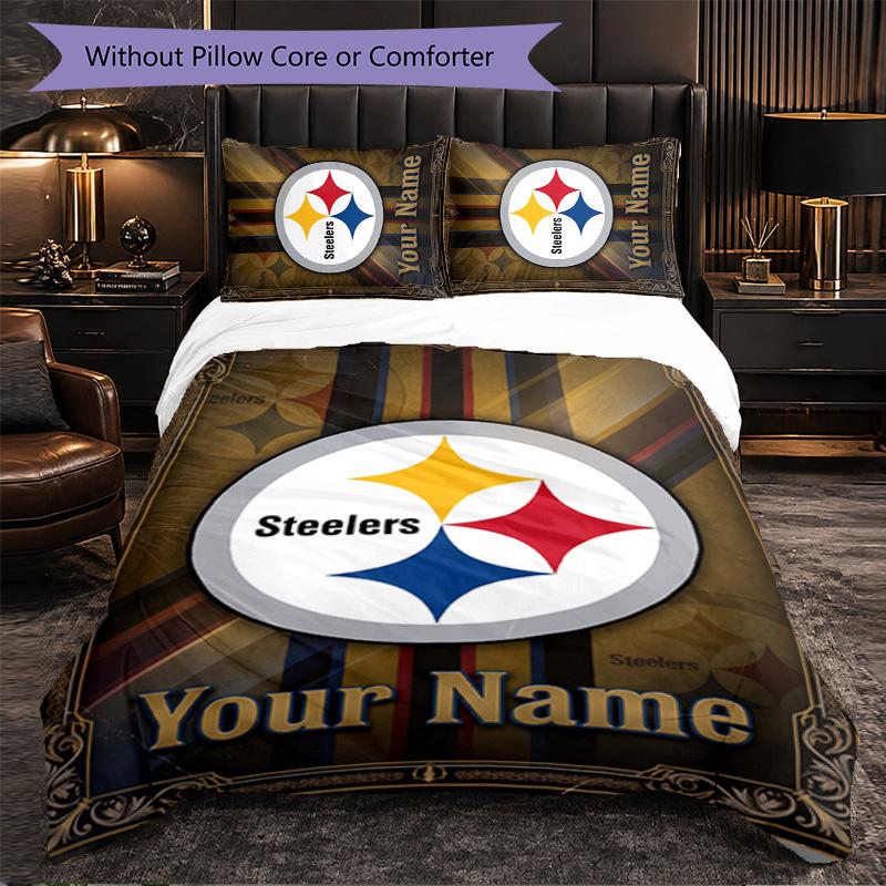 Pittsburgh Steelers Customized Name Text Bedding Set, 1 Duvet Cover & 2 Pillowcases Personalized Bedroom Gift