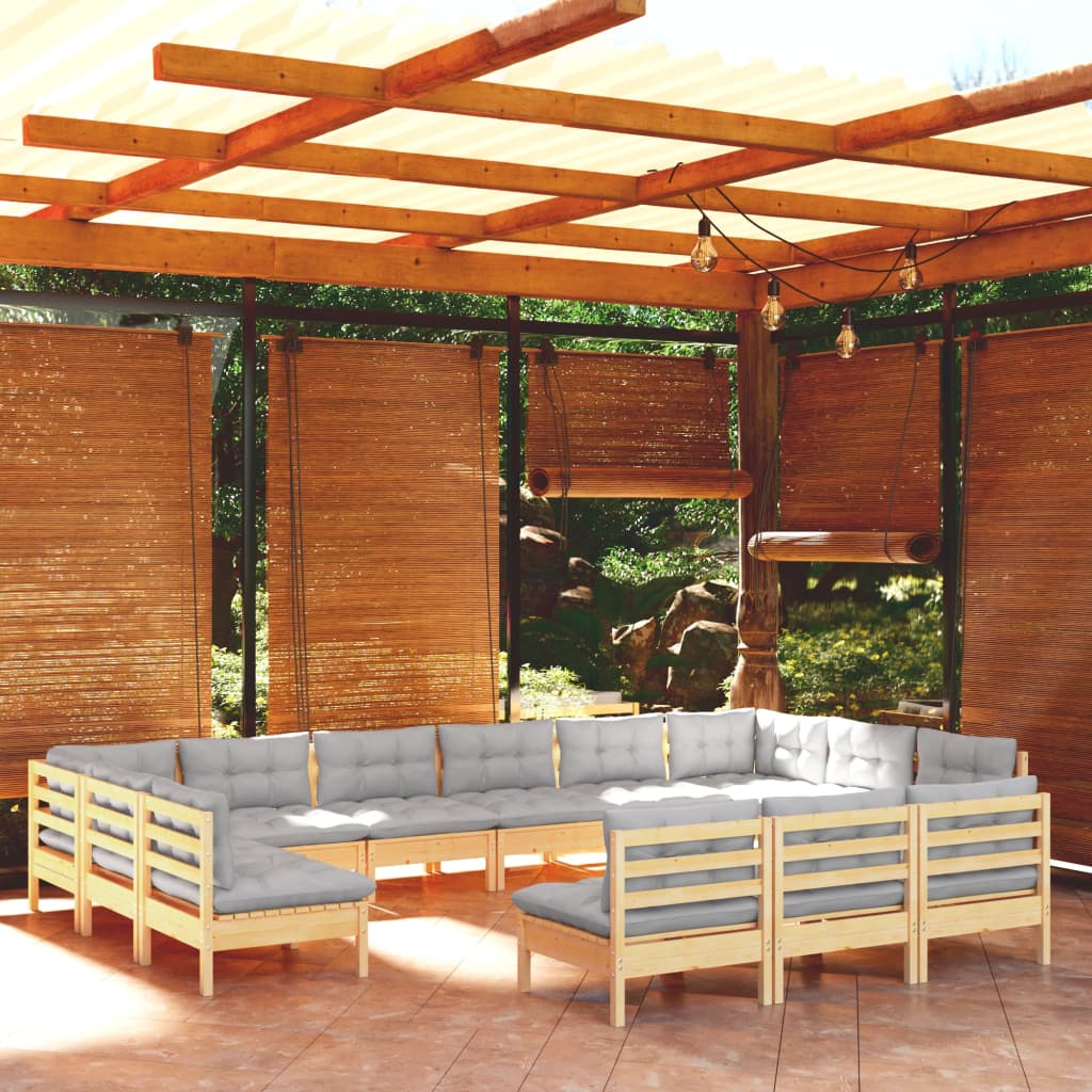 Vidaxl 13-Cz. Garden Lounge Set, Grey Cushions, Pine