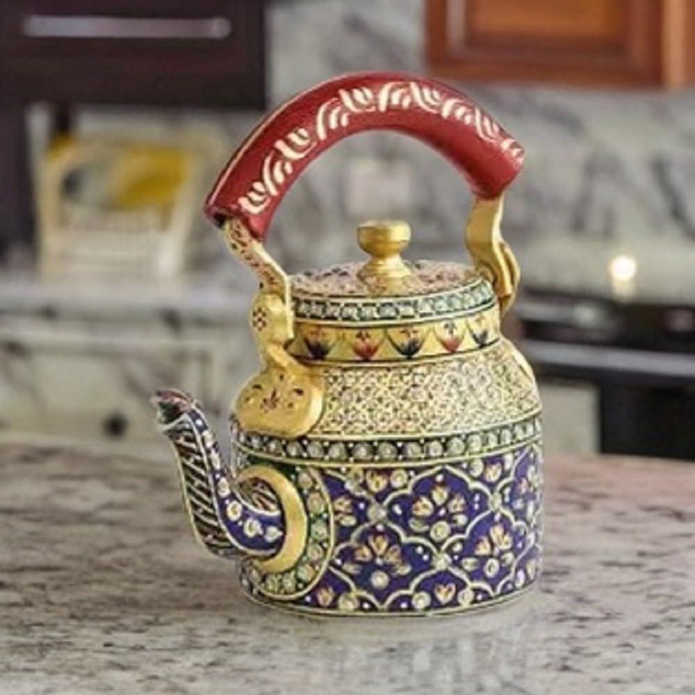 Traditional Handpainted Aluminum Kettle Tea Pot for Serving (Blue and White)