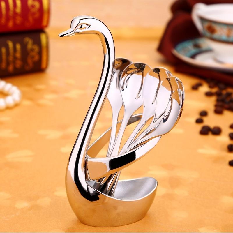 Korean Creative Thick 304 Stainless Steel Coffee Tea Long Handle Spoon Swan Cutlery Set