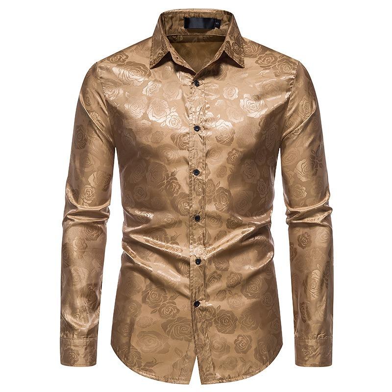 Heren S Lange Mouw Rozenprint Slim Fit Casual Shirt