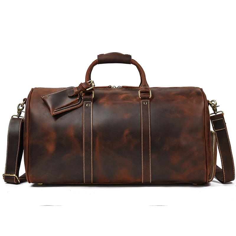 Bolsa de Viagem Masculina de Grande Capacidade em Couro Genuíno – Estilo Europeu e Americano, Couro Bovino de Camada Superior, Bolsa de Mão Casual para Fitness