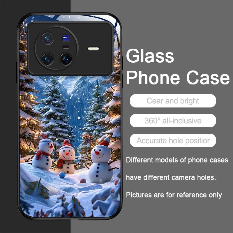 Cute Winter Snowman Christmas Tree Tempered Glass Phone Case for OPPO Reno 13F 12 11 10 ProPlus Find X8 X3 Lite A58 A94 5G Cover