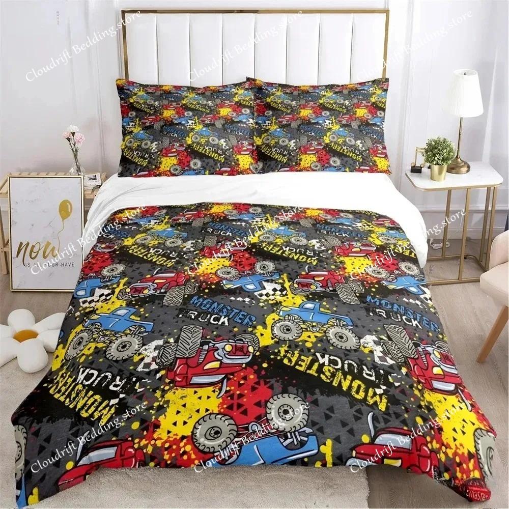 Monster Truck Duvet Cover Catroon Monster Jam Bedding sets Soft Quilt Cover and Pillowcases for Teens SingleDoubleQueenKing