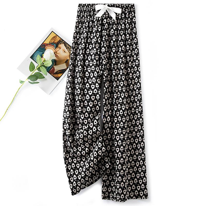 Pantaloni de pijama din bumbac mătase pentru femei, secțiune subțire de vară, anti-țânțari, pantaloni cu picior lat, culoare uni, pentru exterior, casă, petrecere a timpului liber, imprimeu, pantaloni de plajă până la genunchi
