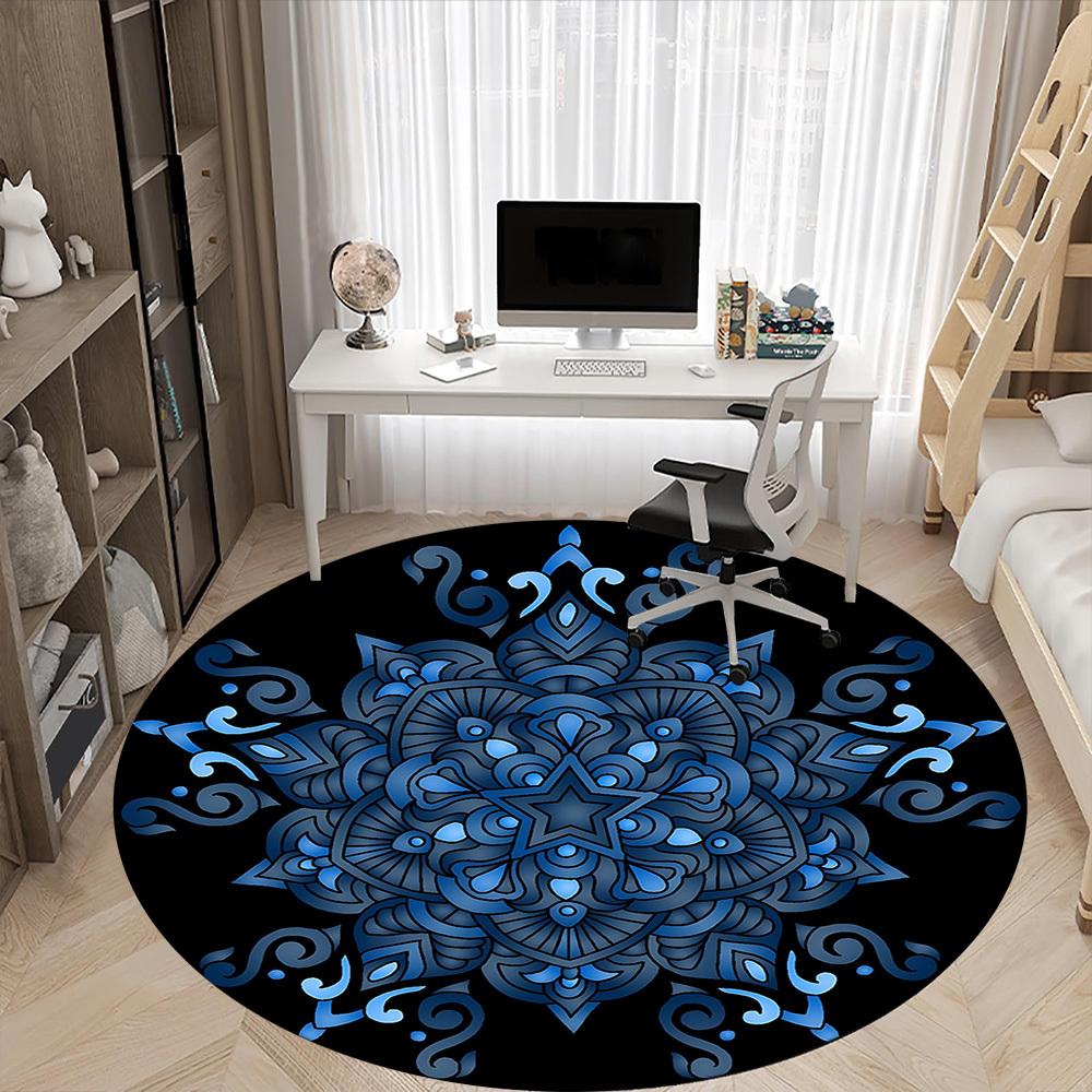 1PC Blue Mandala Pattern Office Round Rug, Non slip, Soft and Durable Office Rug for Interior Decoration, Perfect for Office
