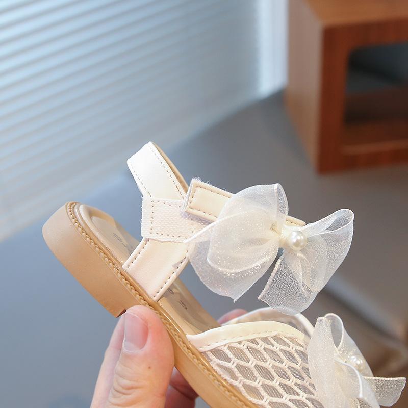 Lace bowknot girls' sandals, new summer style, Korean design, soft-soled princess shoes, breathable mesh sandals