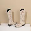Embroidery Western Women Knee High Boots Brown Black PU Square Heels Winter Round Toe Vintage Cowboy Cowgirl Slip-on Long Boots