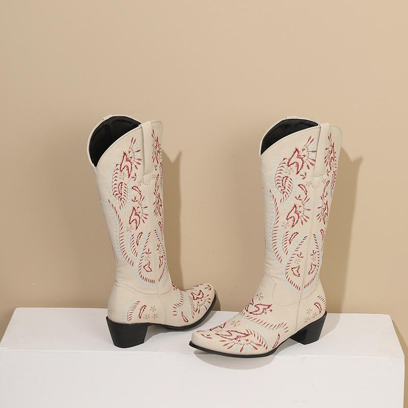 Embroidery Western Women Knee High Boots Brown Black PU Square Heels Winter Round Toe Vintage Cowboy Cowgirl Slip-on Long Boots