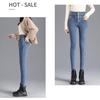 High-Waisted Fleece-Lined Skinny Denim Leggings with Multiple Buttons for Women - Perfect for Autumn & Winter