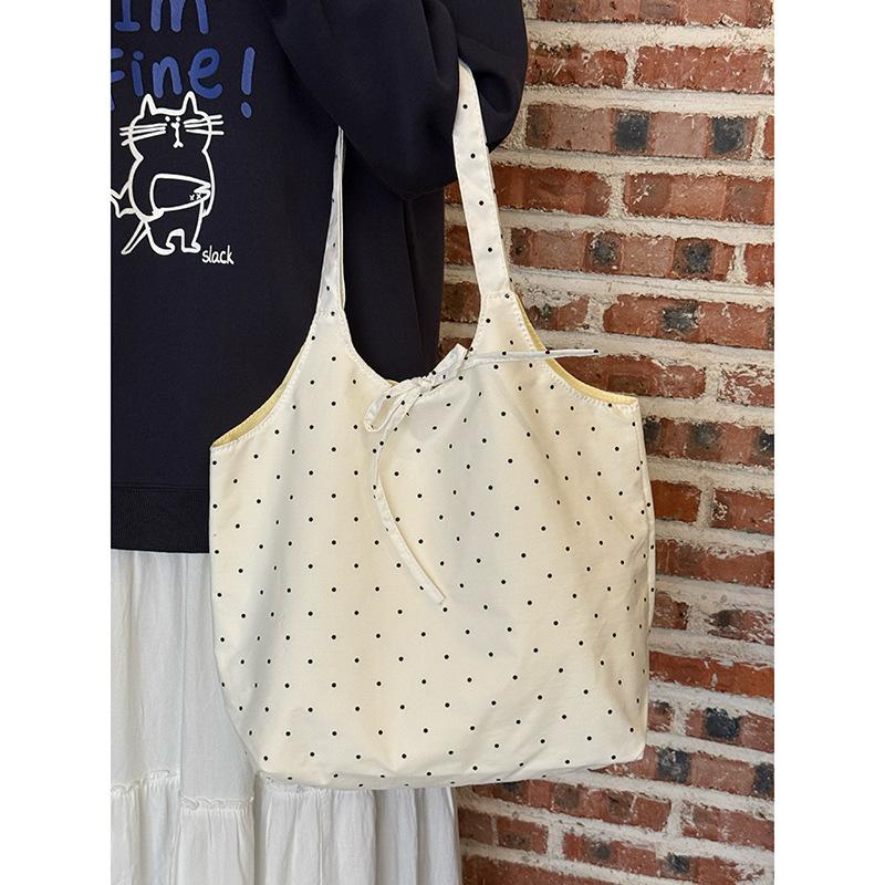 Korean polka dot bow canvas bag women's 2025 new summer shoulder tote bag daily commuter armpit bag