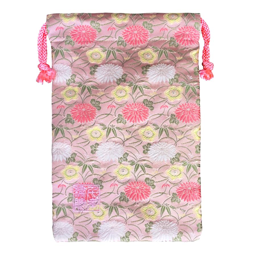 

[Senshishuin] Nishijin-ori Brocade Drawstring Bag (Lined) - Peach Blossom, Bird, and Chrysanthemum Design, Medium Size