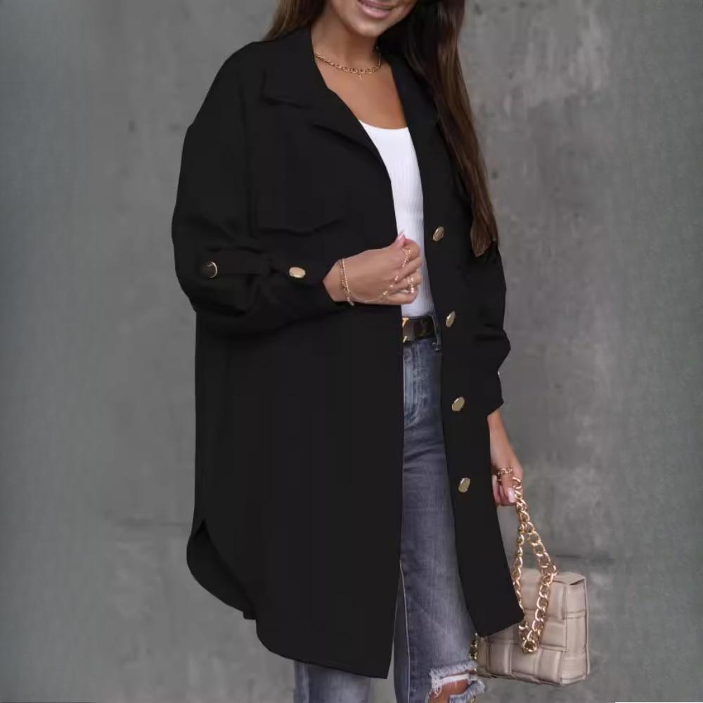 Women's Autumn and Winter Pull Sleeve Button Decoration Mid-Length Shirt Jacket
