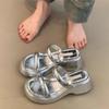 Slippers Summer 2025 New Silver Round Head with Muffin Platform Beach Sandals Slope Heel Versatile Sandals