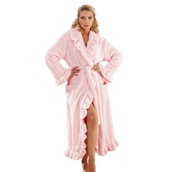 Dames Pluizige Ruche Badjas Zachte Fleece Sjaalkraag Kimono Badjas Winter Pluche Warm Huispak met Zakken