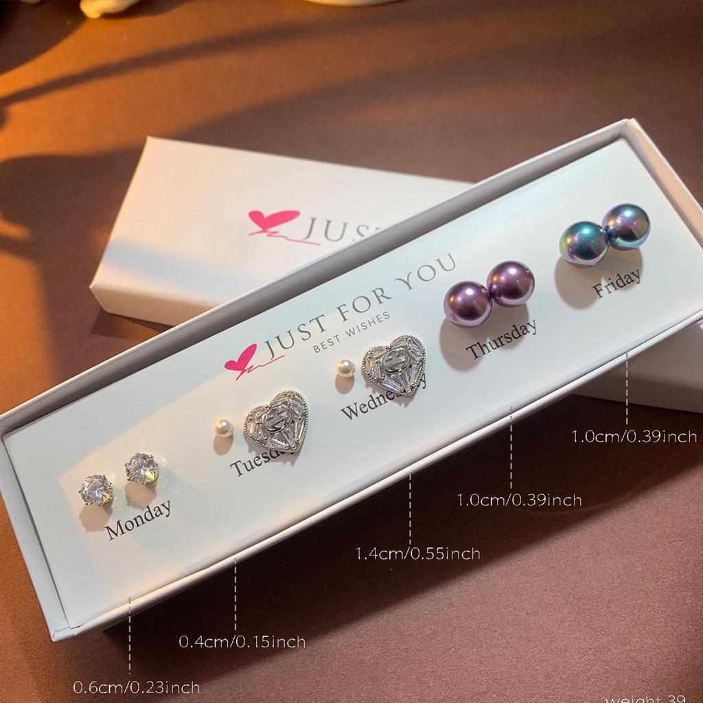 Weekly Earring Set: Flower Zircon Studs, Simple Ear Cuffs, Pearl Tassel French Earrings - 5 Pairs