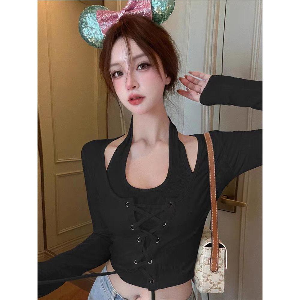 

Чистое желание повесить на шею поясной ремень Шикарный топ с длинными рукавами в стиле «два в одном» Женская атмосфера Короткая и уникальная футболка XL чёрный