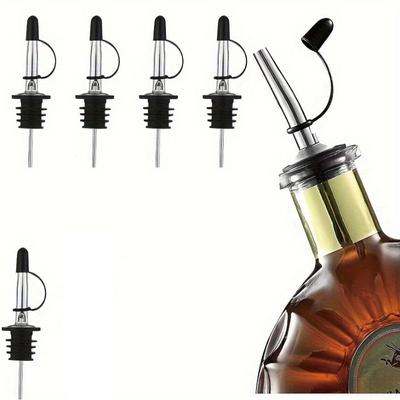 5pcs, Stainless Steel Pourers, Liquor Bottle Pourers And Vinegar Tapered Stopper Spout, Liquor Pourers With Rubber Dust Caps, Bar Accessories