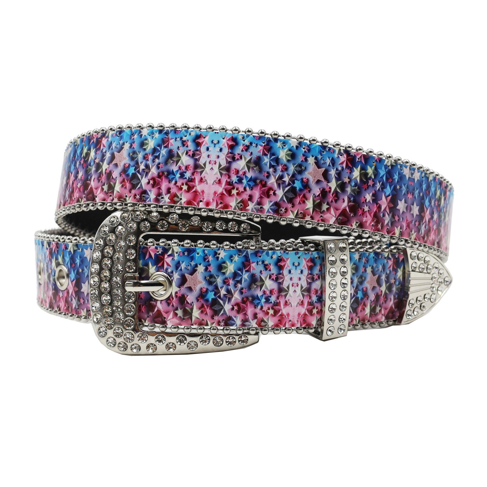 Writing A Notebook Women's Rhinestone Belt Printed Belt Fashionable Versatile Punk Hip-Hop Style Colorful Stars Versatile Trousers Belt 115Cm