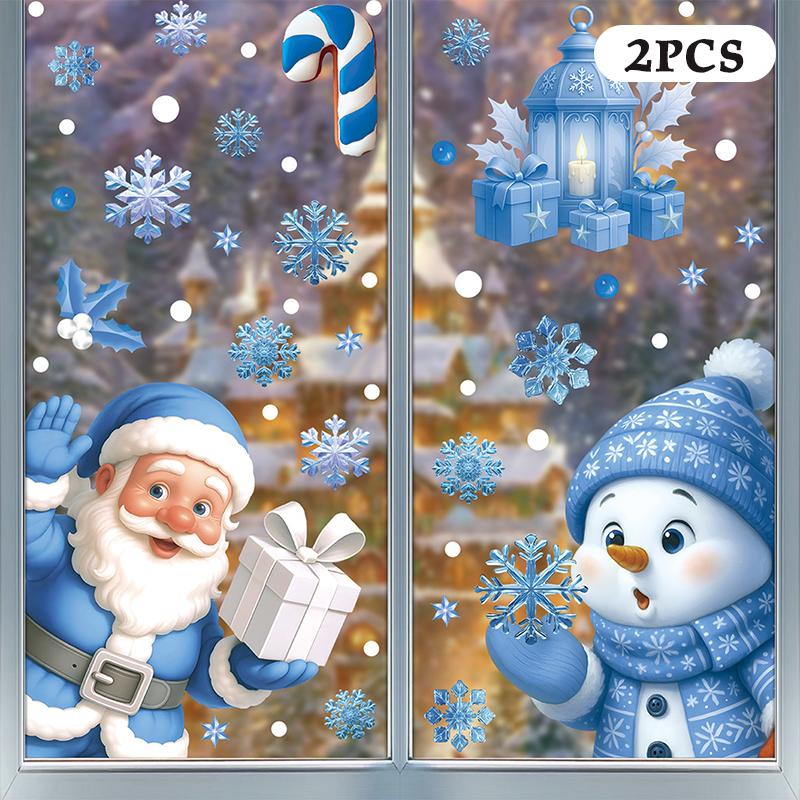 

Синие рождественские наклейки на окна - Набор статических наклеек с колокольчиками, оленями, Сантой, снежинками и снеговиком для праздничного декора A5