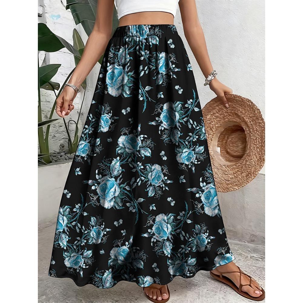 Plus Size, Elegant Floral Print Polyester Skirt - Casual A-Line, Non-Stretch Fabric, with Elastic Waistband