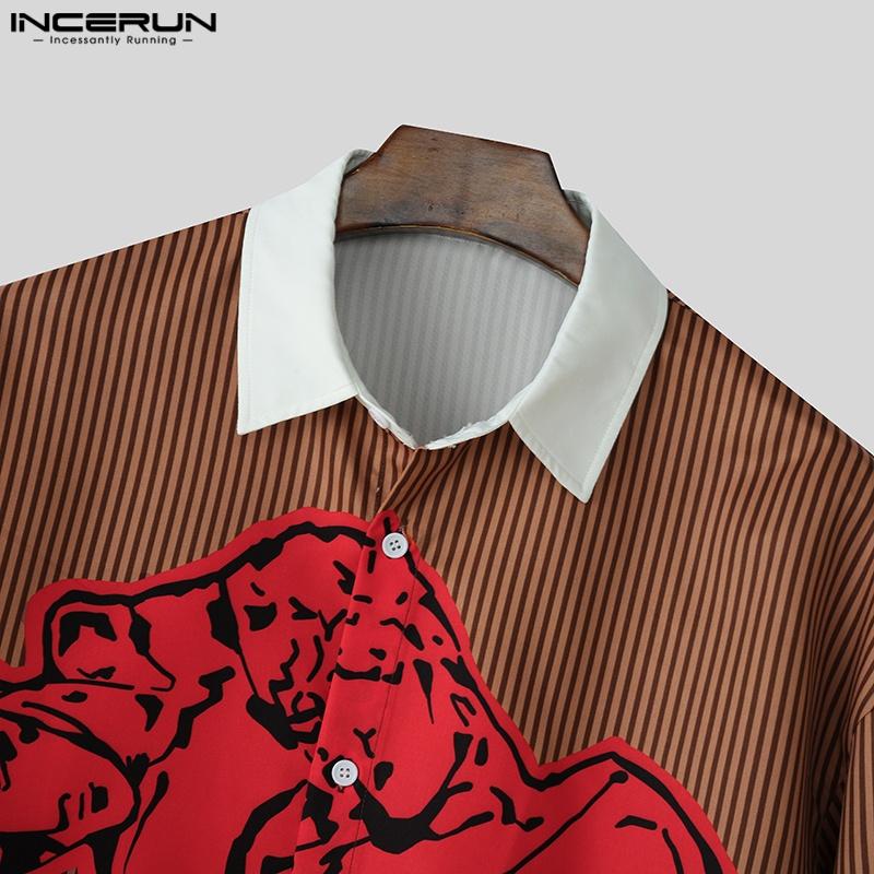 INCERUN 2PCS Men Two Pieces Striped Print Long Sleeve Buttons Shirts Short Pants Casual Sets