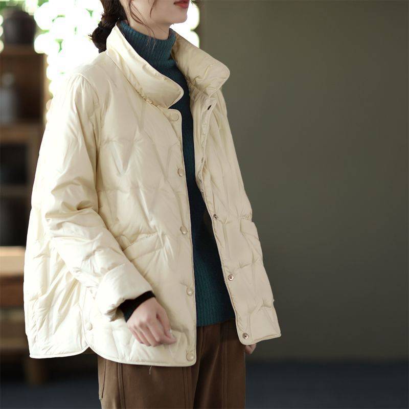 Thin down jacket women's short white duck down warm winter stand-up collar pressure glue loose versatile warm jacket tide