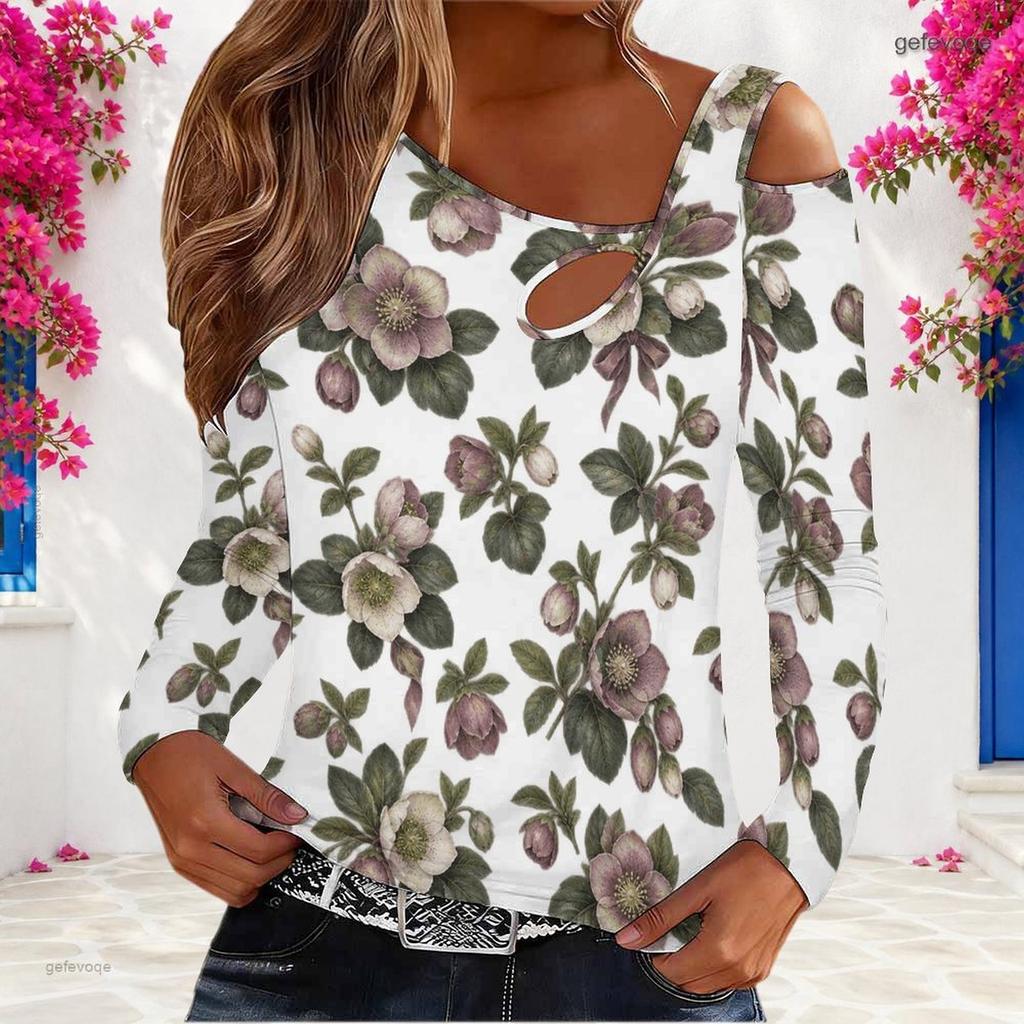 Women Plus Size White Asymmetric Cutout Neck Cold Shoulder Long Sleeve Floral Printed Fitted Top