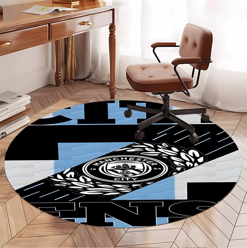 Manchester City FC Pattern Round Rug, Indoor/Outdoor Mat, for Picnic, Gameroom, Bedroom, Office, Living Room, Home Decor Carpet, Birthday Gift