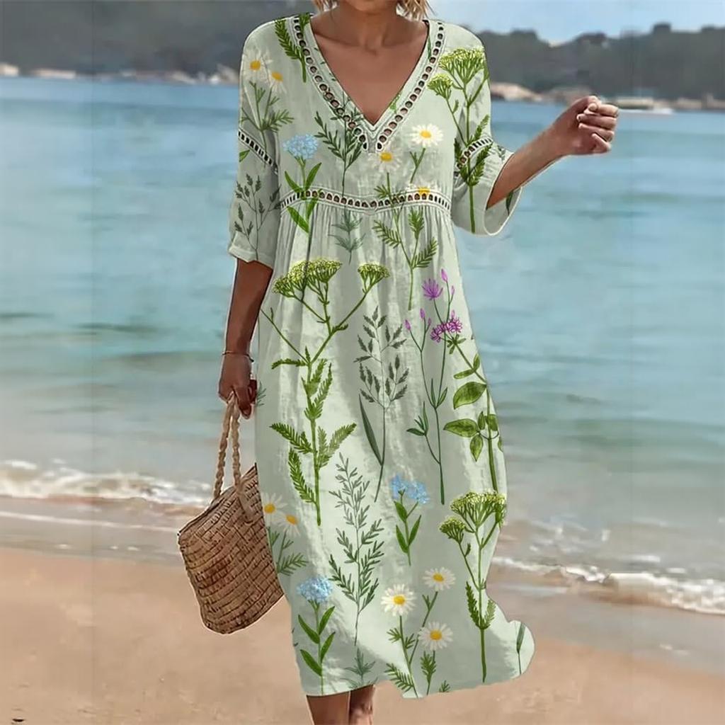 Damen V-Ausschnitt Midi-Kleid mit Blumenprint für den lässigen Strandurlaub