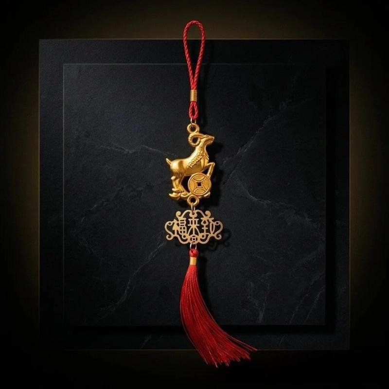Chinese  Year 2027 Goat Hanging Ornaments Gold Lucky Design Red Tassels For Spring Festival Home Wall Decor